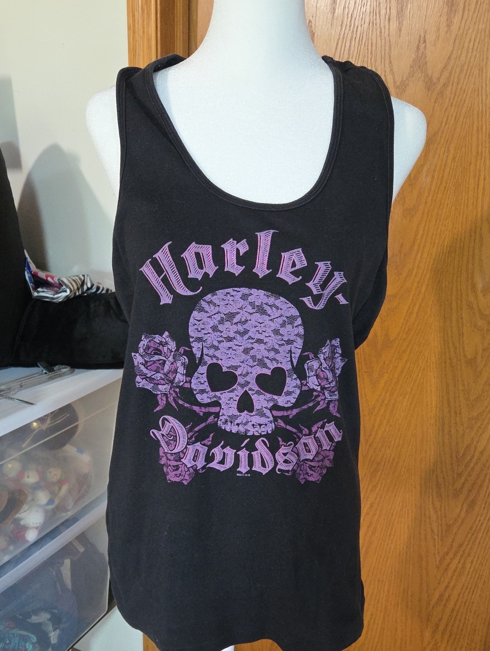 #11 Harley-Davidson Black Tank Top Razor Back with Purple Skull & Roses Graphic